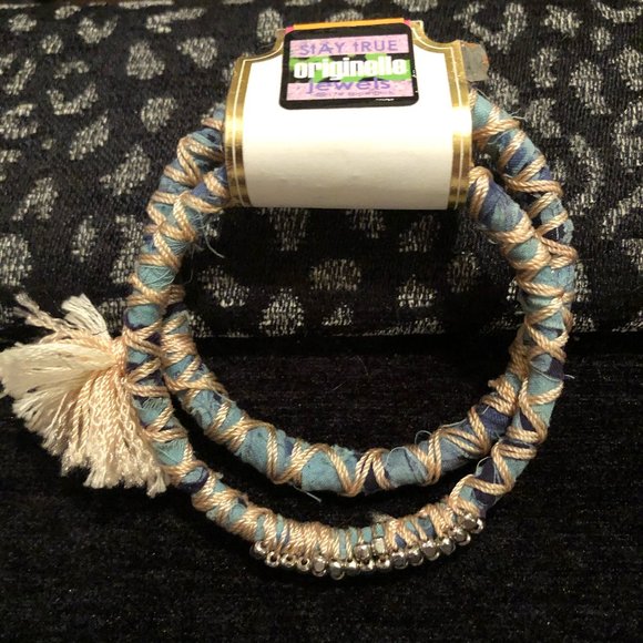 Handmade! 2 STACKING BANGLES: denim/thread wrapped - Picture 2 of 5